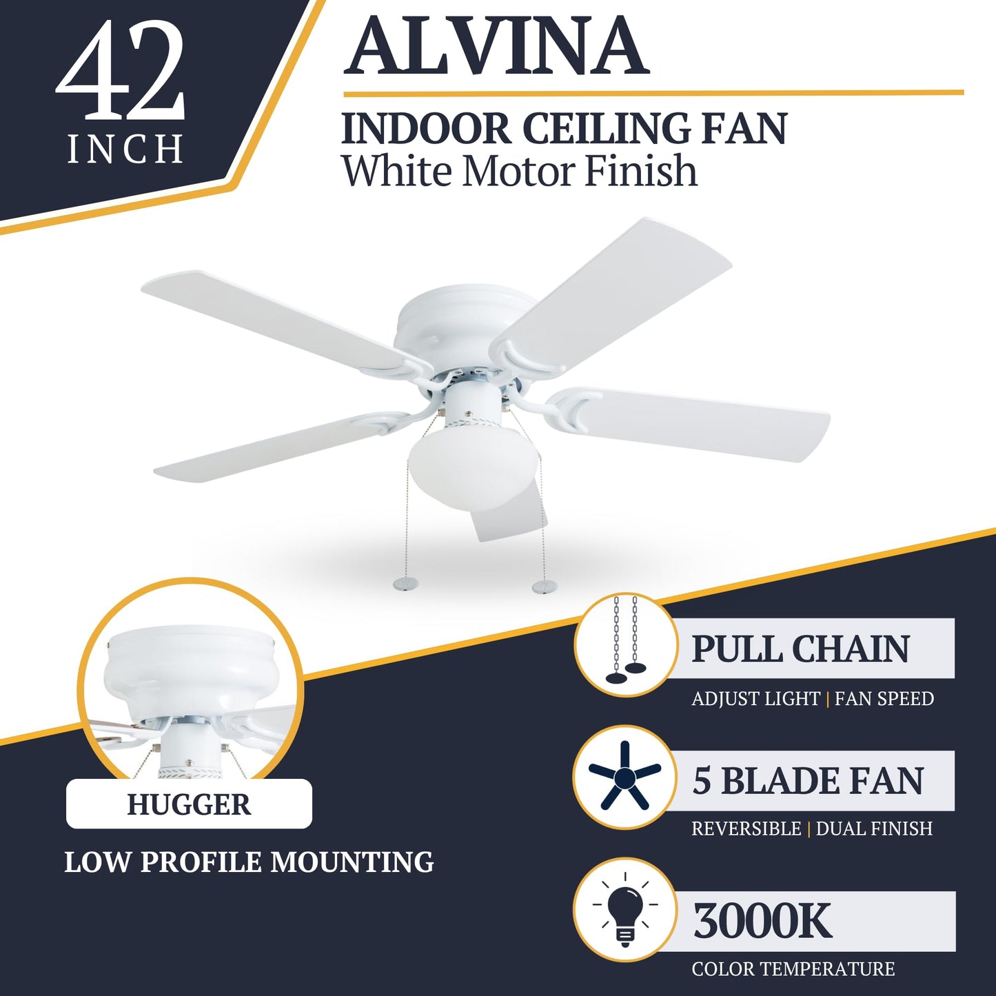 Prominence Home Alvina 42" Traditional Ceiling Fan, LED Flush Mount Light Fixture, White - Large Indoor Modern Electric Fan with 800 Lumens, 5