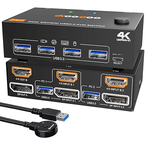 KVM Switch 2 Monitors 2 Computers 4K@60Hz,DP+HDMI USB3.0 Dual Monitor KVM Switches with 4 USB 3.0 Port,Wired Remote,USB3.0 Cables Included(4K60Hz 2 PC