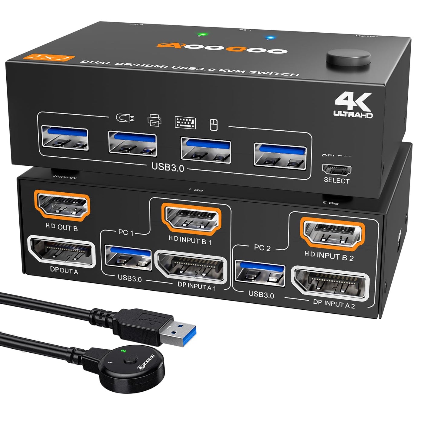 KVM Switch 2 Monitors 2 Computers 4K@60Hz,DP+HDMI USB3.0 Dual Monitor KVM Switches with 4 USB 3.0 Port,Wired Remote,USB3.0 Cables Included(4K60Hz 2 PC