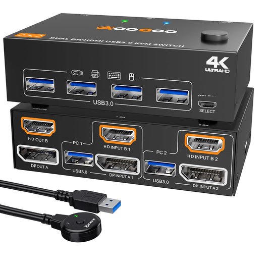 KVM Switch 2 Monitors 2 Computers 4K@60Hz,DP+HDMI USB3.0 Dual Monitor KVM Switches with 4 USB 3.0 Port,Wired Remote,USB3.0 Cables Included(4K60Hz 2 PC