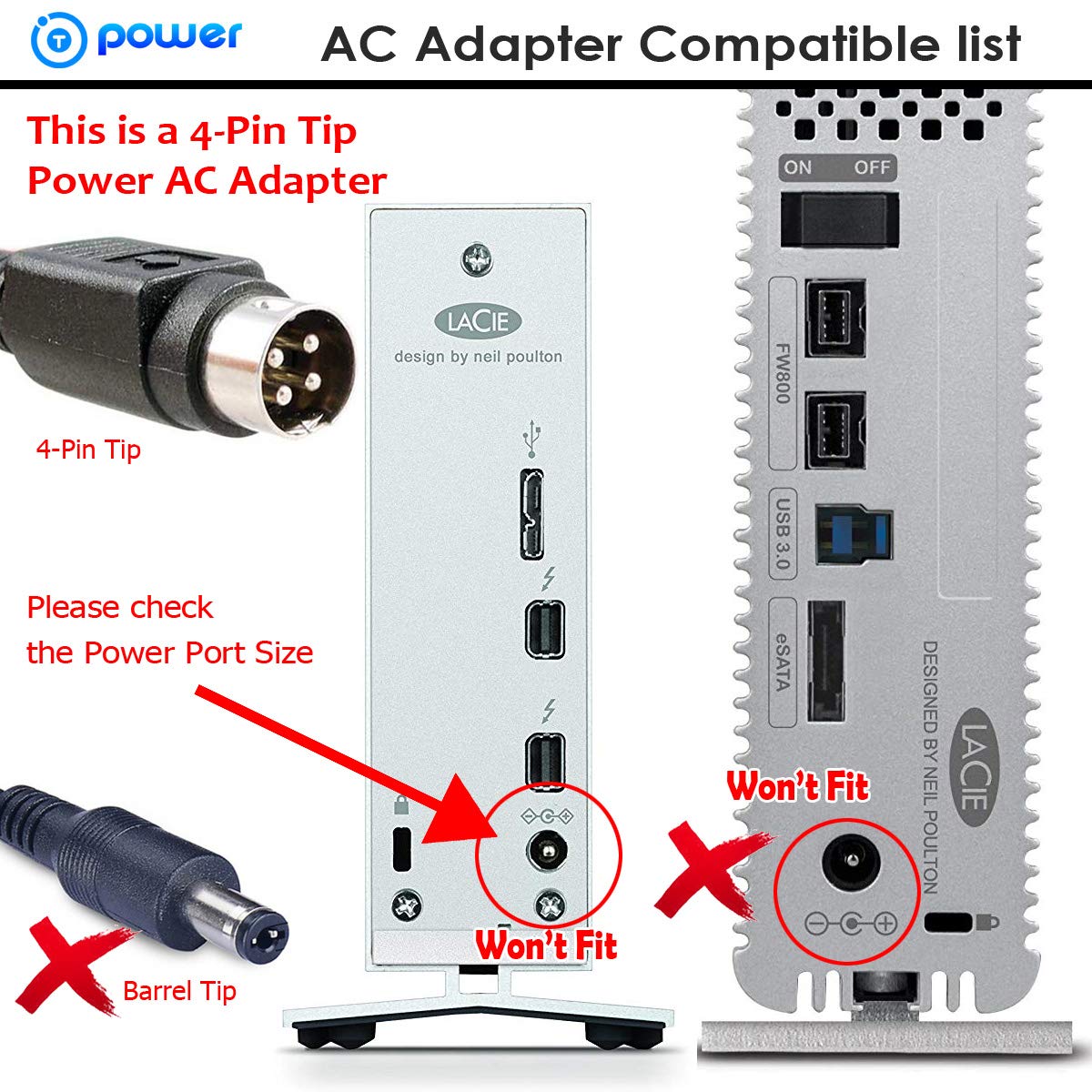 T-Power 5V 12V 4-PIN Adapter for LACIE Models 706479 710199 800040 ACU034A-0512 ACML-51 710200 ACU057A-0512 Sunfone Hard Disk Drive HDD HD Power…