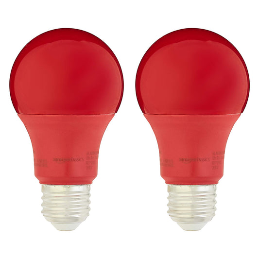 Amazon Basics A19 Red Color Party LED Light Bulbs, 60W Equivalent, 9W Energy Efficient, E26 Standard Base, Non-Dimmable, 10,000 Hour Lifetime, 2-Pack