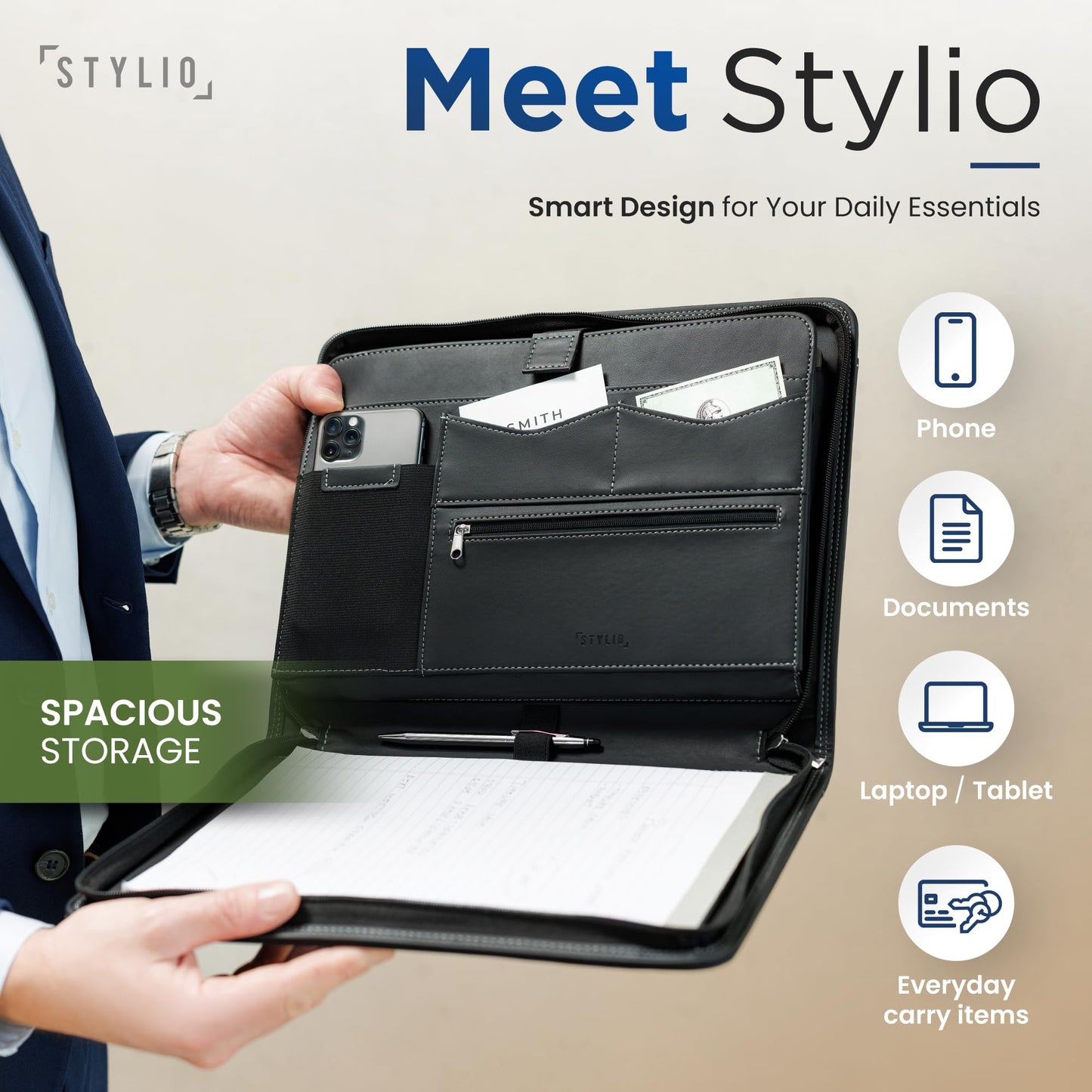 STYLIO Zipper Padfolio Portfolio Binder Organizer | Faux Leather Portfolio for Resume, Documents, Phone, Tablet, Business Supplies and Cards |