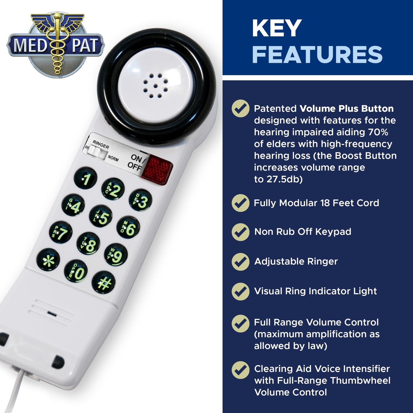 Med-Pat XL88Q - Easy to Use One-Piece Telephone with Ring/in-Use Light Indicator, Extra Loud-Extra Clear Volume Boost, for Busy Settings, Elderly