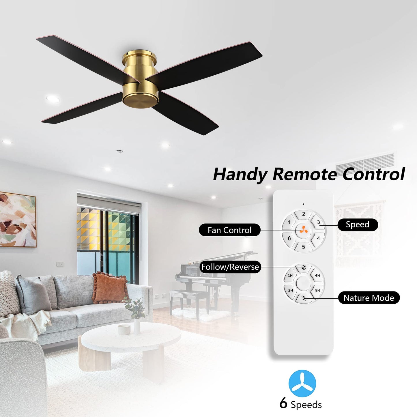 WINGBO 52" Flush Mount DC Ceiling Fan without Lights, 4 Reversible Blades, Ultra Quiet 6-Speed DC Motor, Hugger Low Profile Indoor Ceiling Fan No