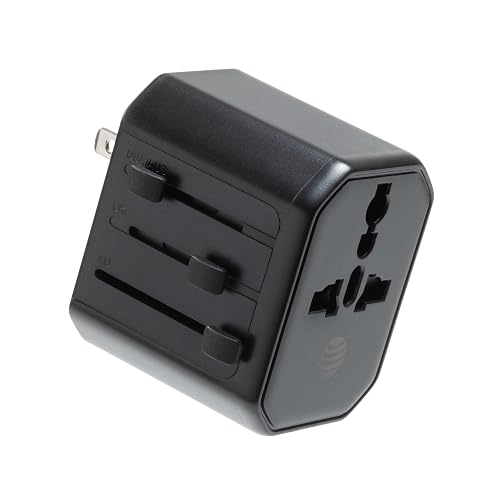 AT&T Professional 12W Universal Travel Adapter with Multi-Port USB-C and USB-A International Power Compatibility USA EU UK AUS Plug Options Black