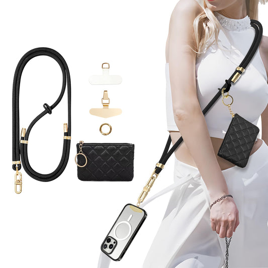 Phone Lanyard Crossbody with Leather Zipper wallet,2 Phone Tabs,360 ° rotation Premium Metal Buckles Anti theft Adjustable Lanyard,for All