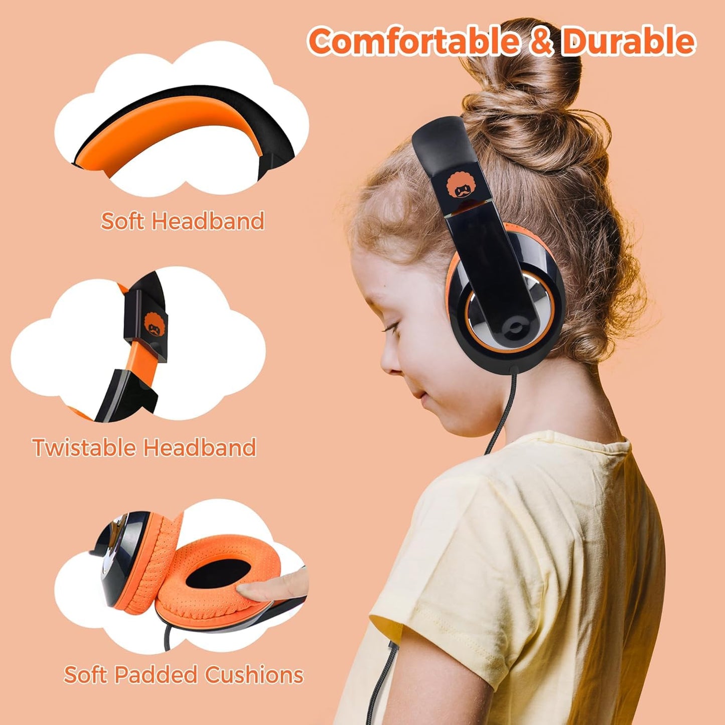 rockpapa Comfort+ Kids Headphones with Microphone, Boys Girls Student Over-Ear Headphones Wired for School Classroom Laptop PC Computer Tablet Black…