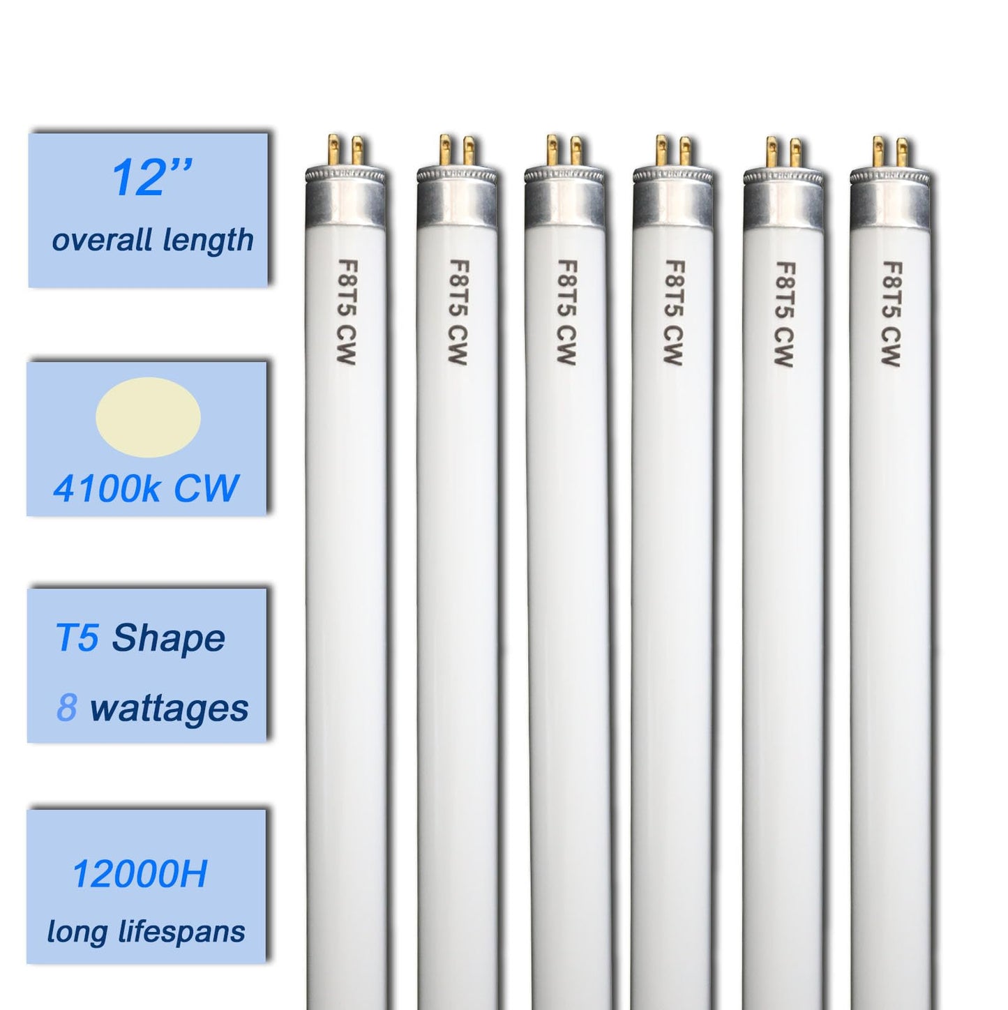 Accway (6 Pack) F8T5/CW 4100K 12’’ Linear Fluorescent Light Bulb, 8W Cool White T5 Tube, G5 Mini Bi Pins Base Replacement for Under Cabinet Light, RV