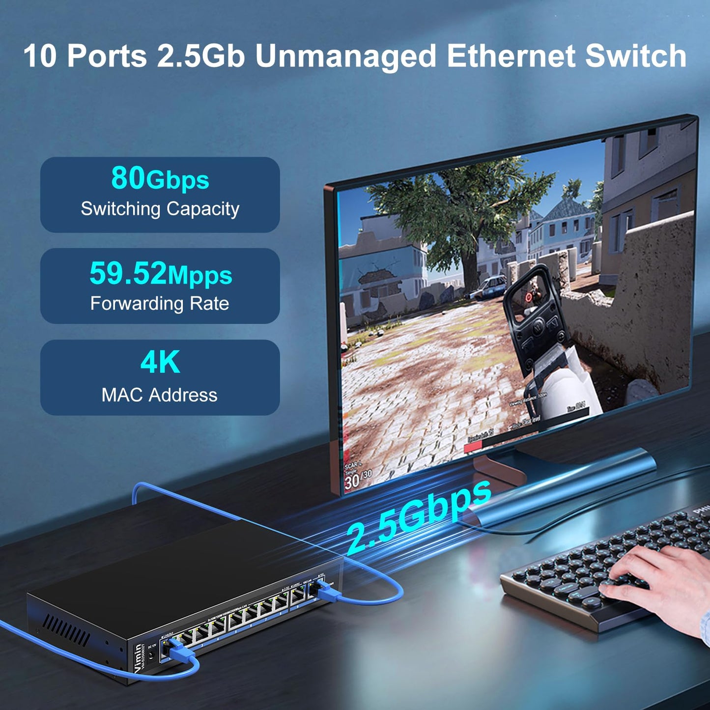 10-Port 10G/2.5G Ethernet Switch with Dual 10GBASE-T, Vimin 8X 2.5G +2 x 10Gb RJ45 Ports Unmanaged Switch, 80Gbps Capacity, 10G Switch Desktop/Wall