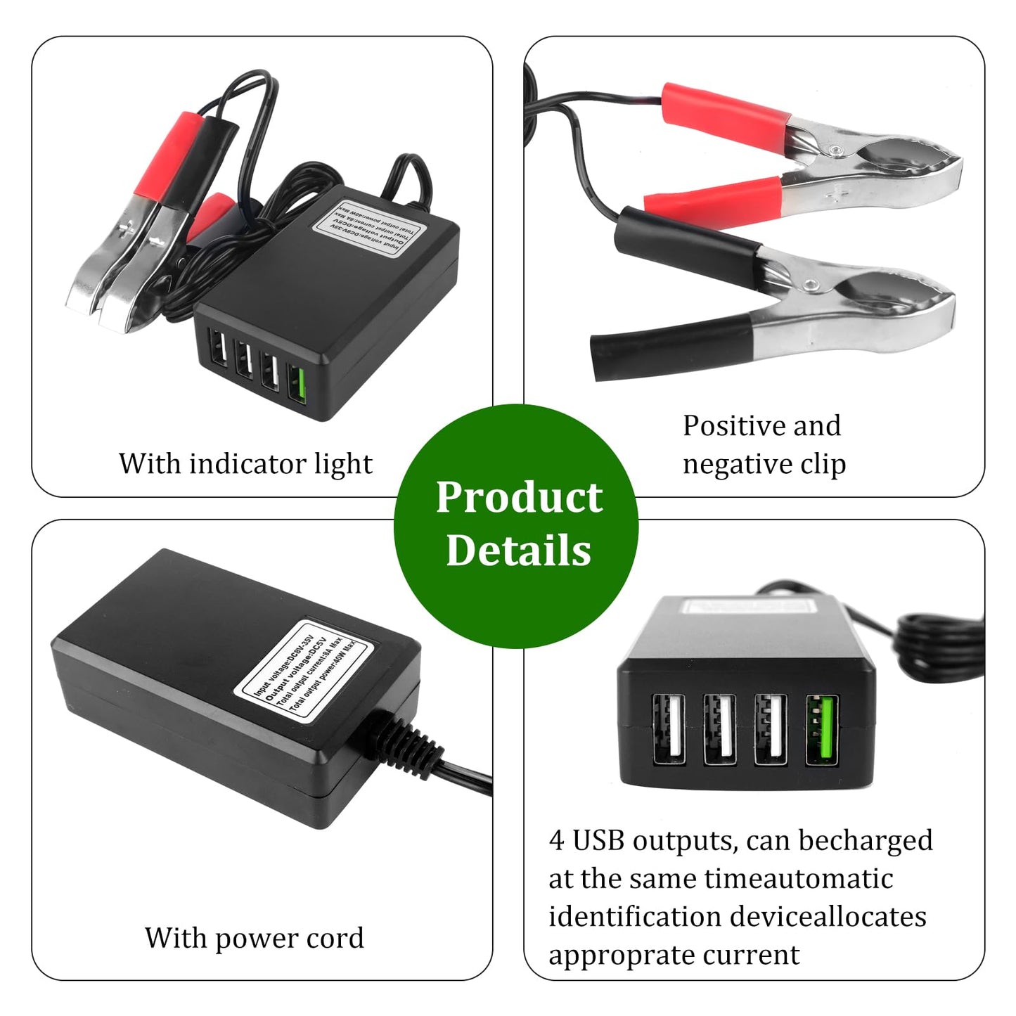 DC Converter with Battery Clip 12V 24V to 5V 8A 4-Port USB Power Adapter Charger Buck Regulator Charger, Automatically Identify 4 Ports Shunt…