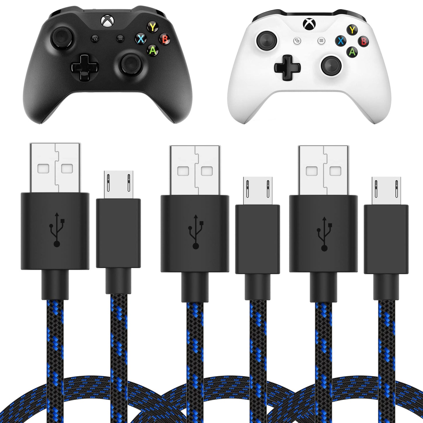 TalkWorks Charging Cable Compatible with Xbox One Controller - 6-Foot Long Fast Charger Cord Micro USB for X-Box 1 - Heavy-Duty, Braided Black-Blue (3