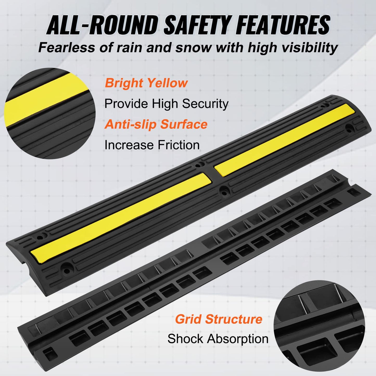 VEVOR 3.28 ft Cable Protector Ramp, 4 Pack of 1 Channel, 18000 lbs/axle Capacity Heavy Duty Rubber Speed Bumps, Floor Cord Cable Protector Wire Cover