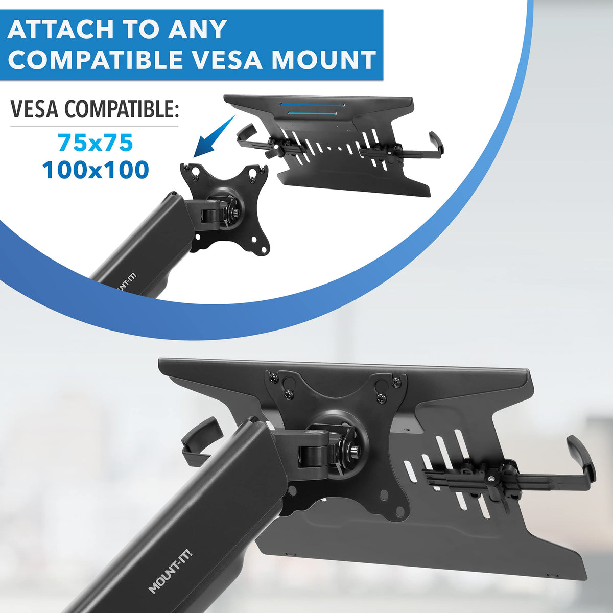 Mount-It! Laptop Tray for Monitor Arm, VESA Laptop Mount Tray for 75x75 & 100x100 Monitor Arms, Ventilated Steel Notebook Holder with Adjustable