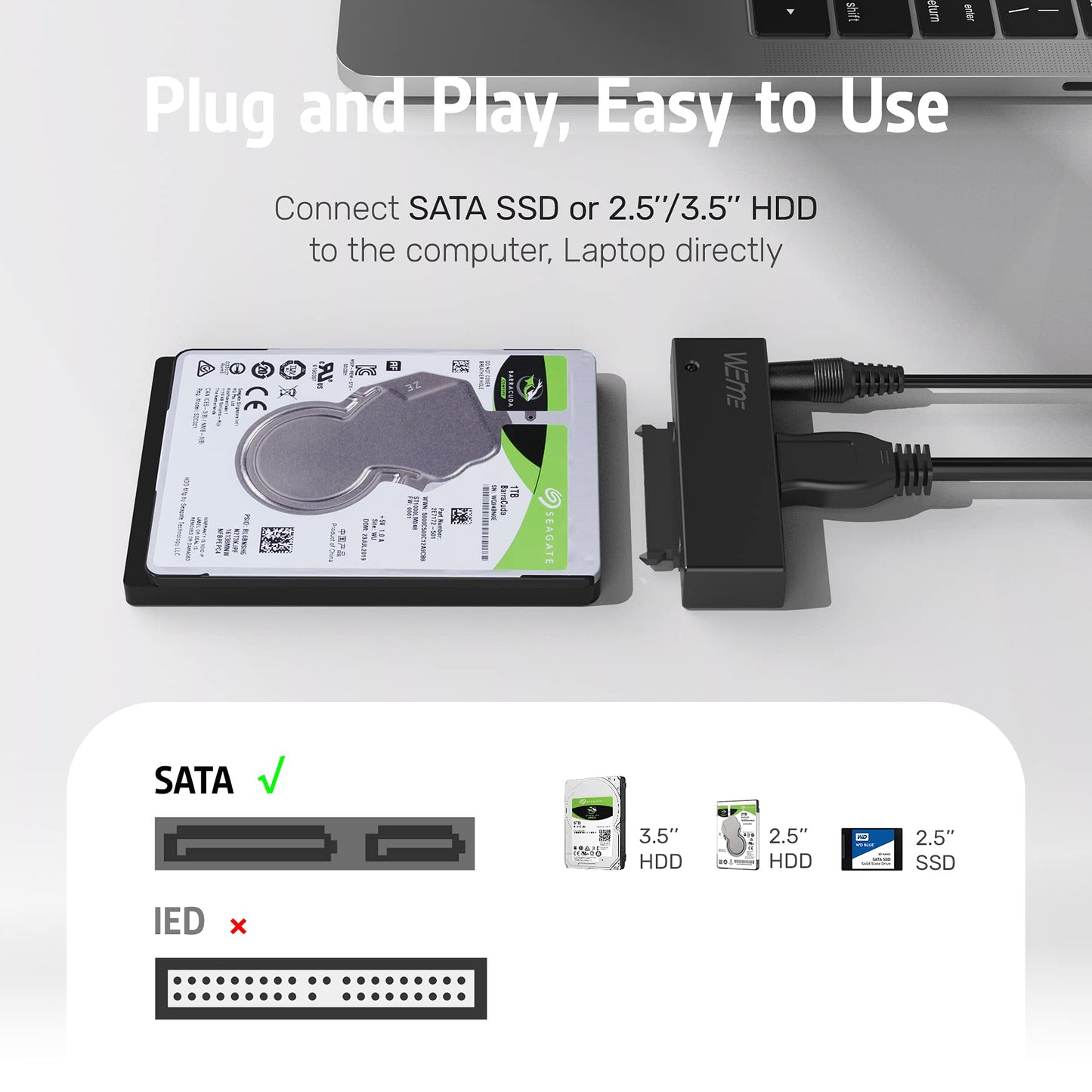 WEme USB 3.0 to SATA Converter Adapter for 2.5 3.5 Inch Hard Drive Disk SSD HDD, Power Adapter and USB 3.0 Cable Included