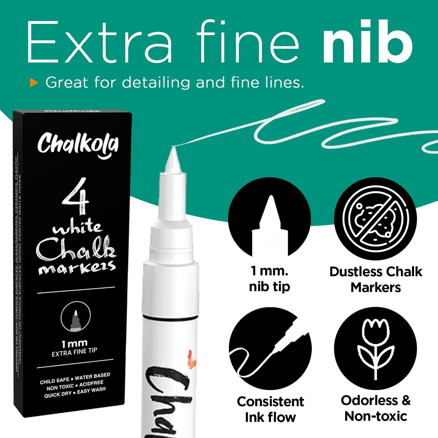 Extra Fine Tip White Chalk Markers (4 Pack 1mm Point) Chalk Pens - White Dry Erase Marker Pen for Blackboard, Chalkboards, Windows, Glass, Bistro