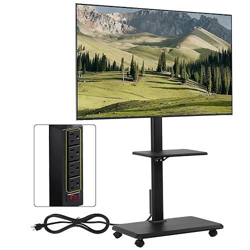 FAHKNS Mobile TV Stand with Power Outlet, Rolling TV Cart on Wheels, Mobile TV Cart for 32-70 inch TVs up to 88 lbs, Height Adjustable Portable TV