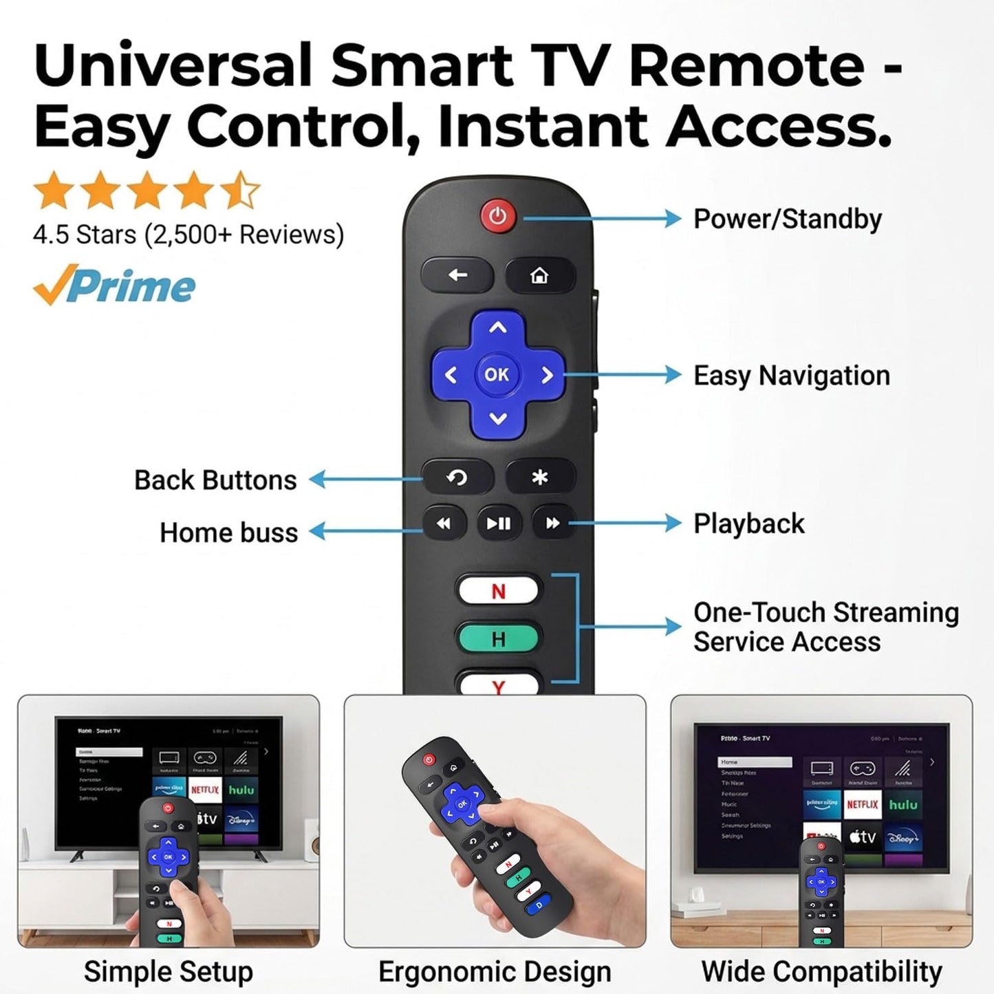 Universal Replacement Remote Control for Roku Smart TV, Compatible with TCL Roku/Hisense Roku/Onn Roku/Sharp Roku/Element Roku/Westinghouse