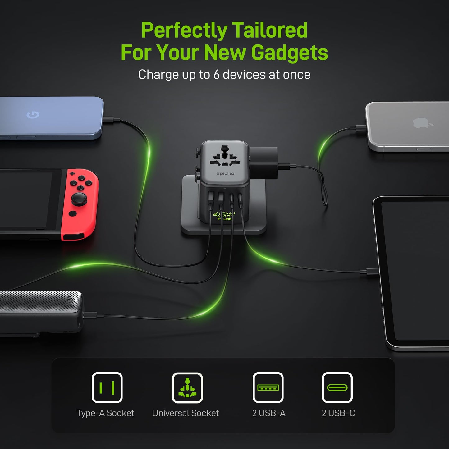 Epicka Pulse Duo 45W Universal Travel Adapter, International Power Adapter with PD & QC 3.0 Fast Charging for 2 Devices Simultaneously, European…