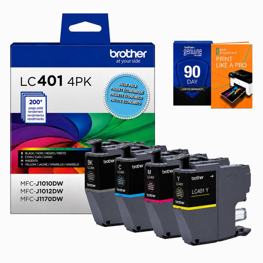 Brother Genuine LC401 4-Pack Color Standard Yield Ink Cartridge (Black, Cyan, Magenta, Yellow) Bundle with Deco Essentials Printer eBook