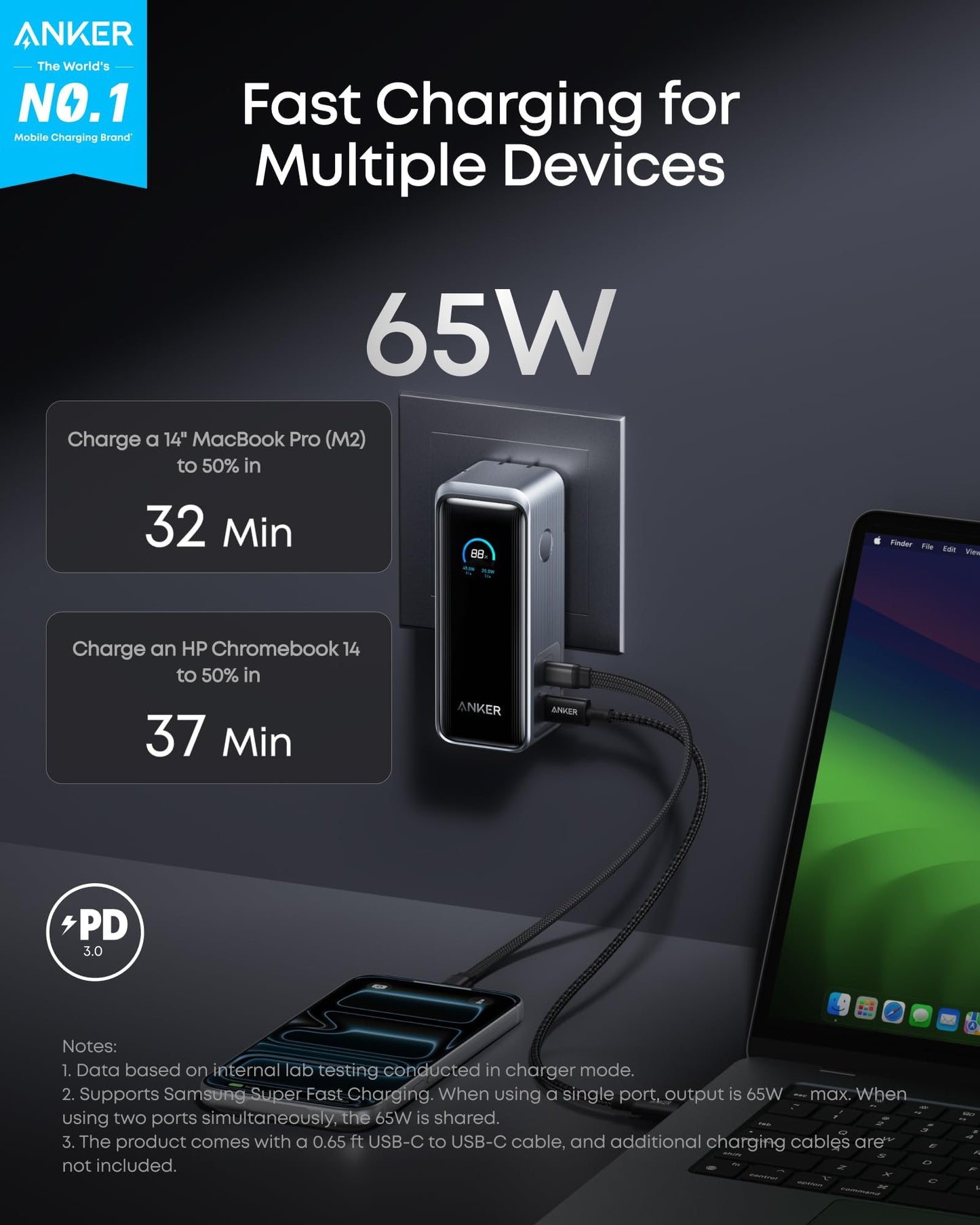 Anker Prime Power Bank, 9,600mAh Battery Pack with 65W Output Wall Charger, Supports PD 3.0 and PPS, 30W Fast Recharging, Sleek Portable Charger