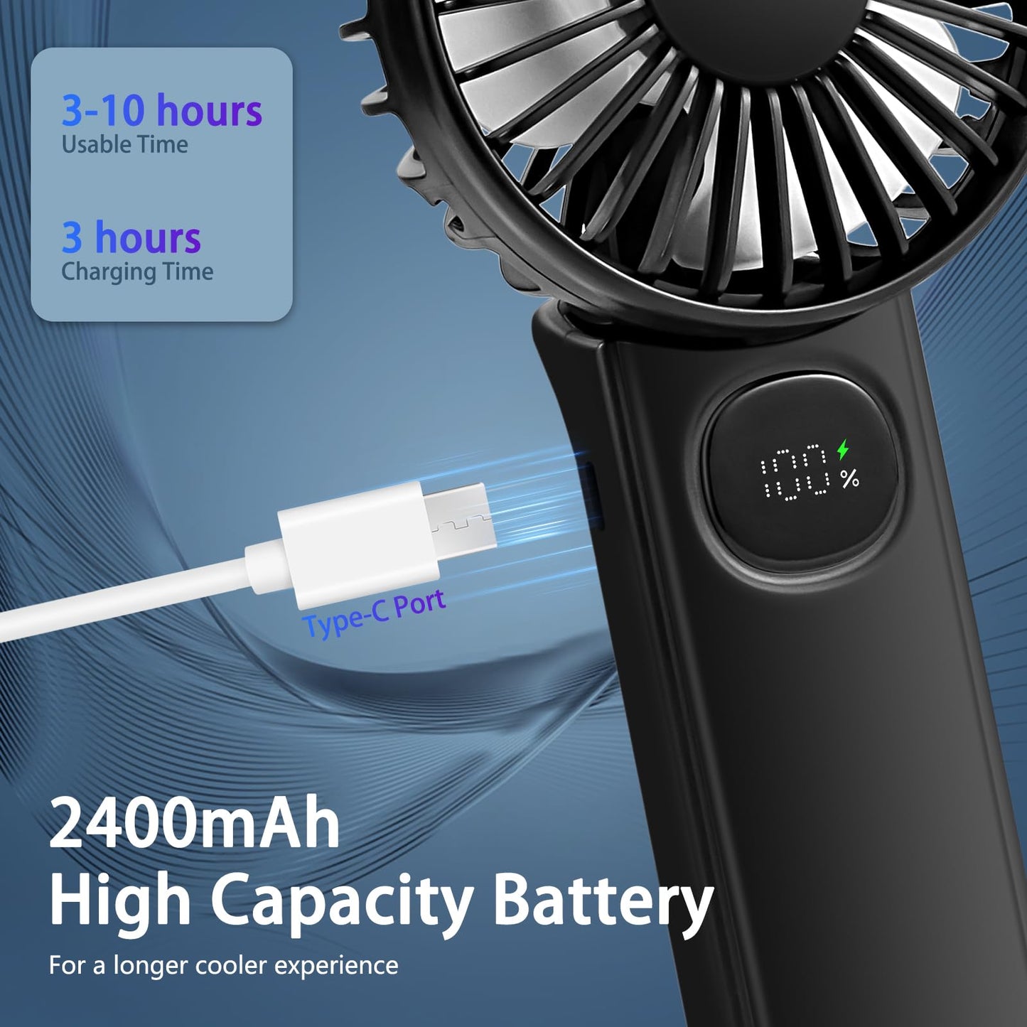 [2-packs Portable Handheld Fan] Personal Hand Held Fan for Travel, Foldable Eyelash Neck Fan with Digital Display, Lanyard, 5 Speeds, 180° Adjustable