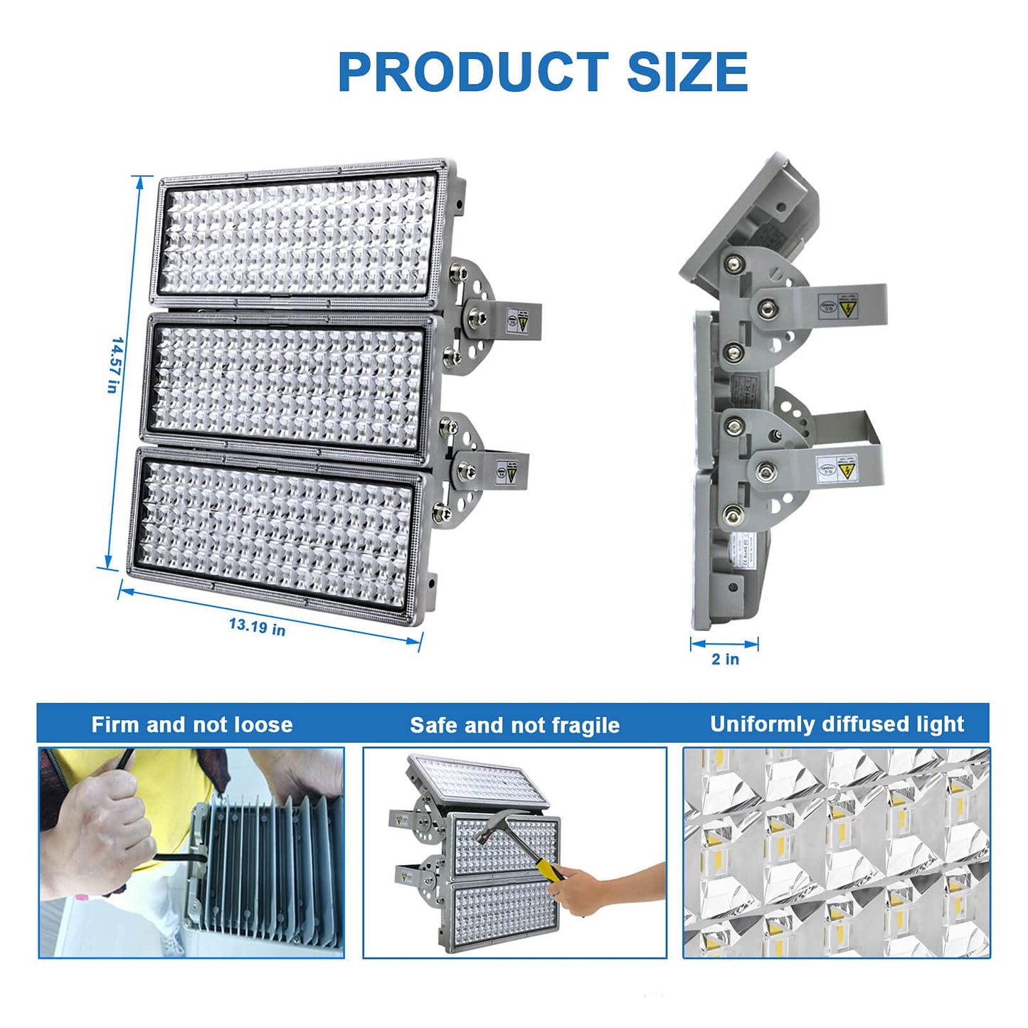 Kekeou 42000LM Stadium Lights Outdoor LED Flood Light 300W 6500K IP67 Waterproof 1500 Watt Equivalent with 3 Adjustable Heads Wider Lighting Angle