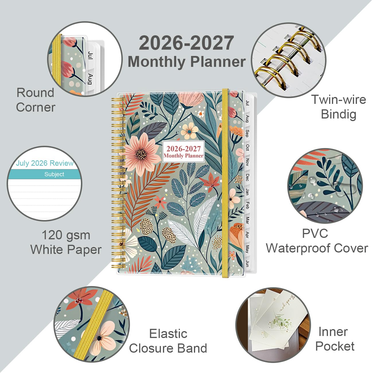 2026-2027 Monthly Planner - 18 Monthly Calendar, July 2026 - December 2027, Two Pages Per Month, 9" x11" Planner with Tabs, Strong Twin-Wire Binding