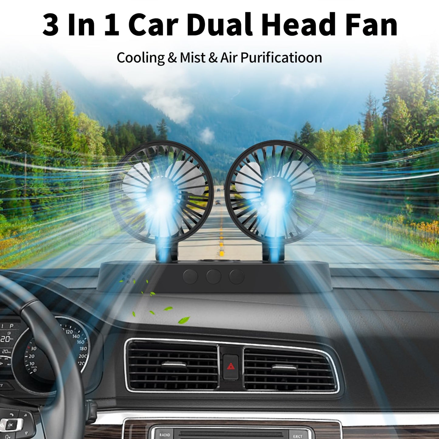 AKSDESY Car Fan, Dual Head USB Fan with Mist Function