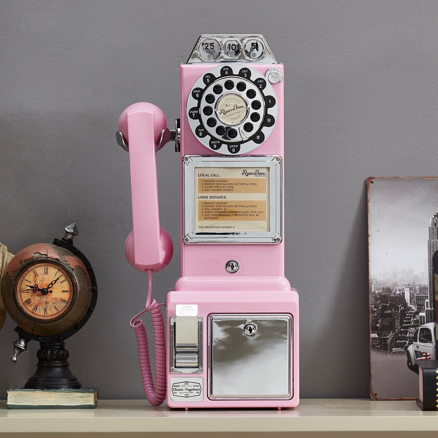 Ryan Bros. American Retro 1950's Payphone with Coin Bank Wall-Mount Corded Phone (Pink)