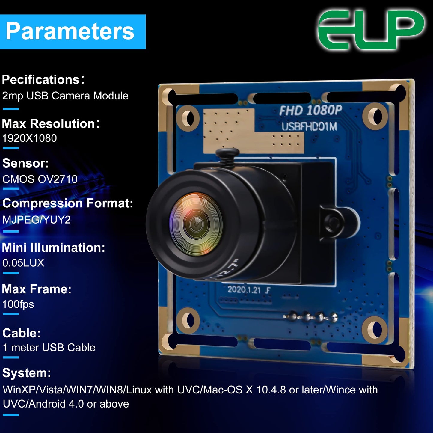 ELP 1080P USB Security Camera Module High Speed 2megapixel HD Free Driver USB with Camera Wide Angle PC Camera Raspberry Pi Developing Board Mini UVC