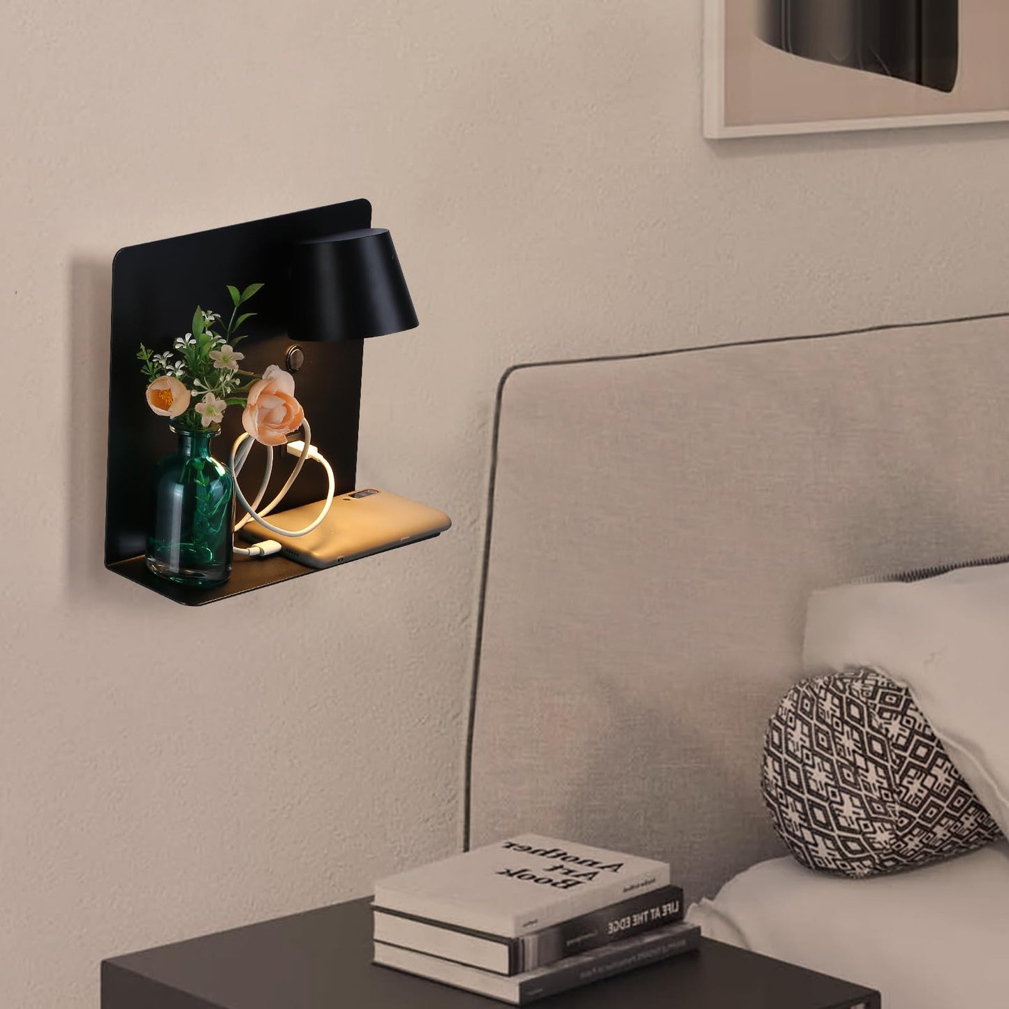 COSYLUX Modern LED Wall Sconce with Shelf, 2in1 Design Plug in & Hardwired Reading Wall Lamp for Bedroom Bedside, 6W,450lm,2700K Rotatable Wall Light