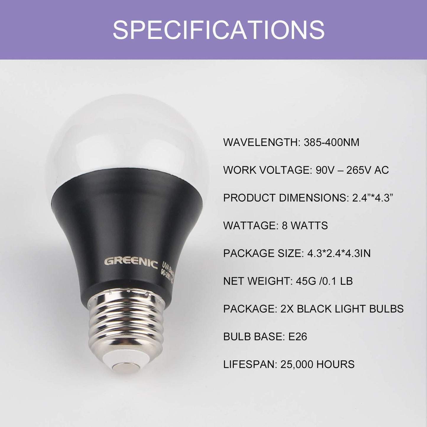 GREENIC UV Led Black Light Bulb 2 Pack, 8W (60W Equivalent) A19 E26 Blacklight Bulb UVA Level 385-400nm, Glow in Dark for Body Paint Club Party Neon