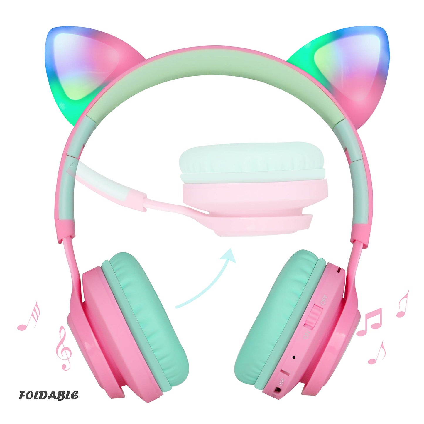 Riwbox CT-7 Cat Ear Kids Bluetooth Headphones, LED Light Up Bluetooth Wireless Over Ear Headphones with Microphone and Volume Control
