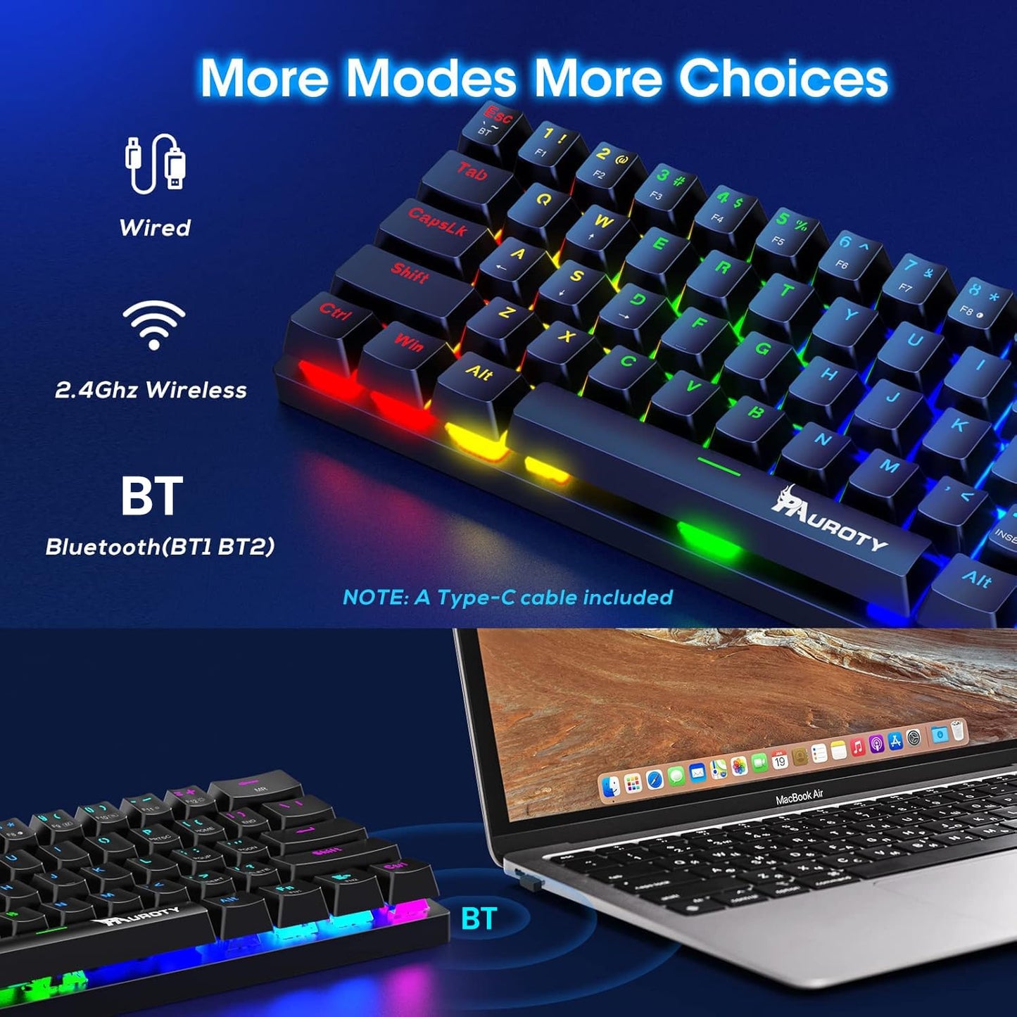 Pauroty 60% Wireless Mechanical Keyboard, Triple Mode 2.4G/USB-C/Bluetooth Gaming Keyboard, RGB Backlit, Clicky Blue Switch, 61 Keys Rechargeable Mini