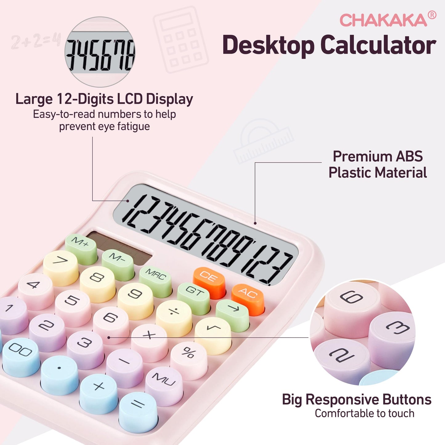 Basic Desktop Calculator with 12-Digit Large LCD Display & Big Buttons - Dual Power (Solar & Battery), Easy to Press Mechanical Switch Calculator