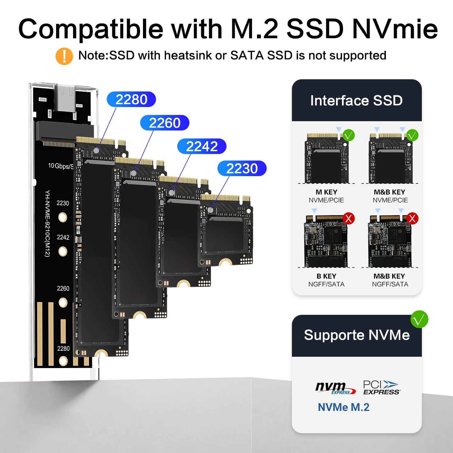 M.2 NVMe SSD Enclosure, High-Speed to USB Enclosure with USB 3.2 Gen 2 10Gbps, Compatibility for NVMe SSD M-Key/(B+M) Key, for 2230/2242/2260/2280