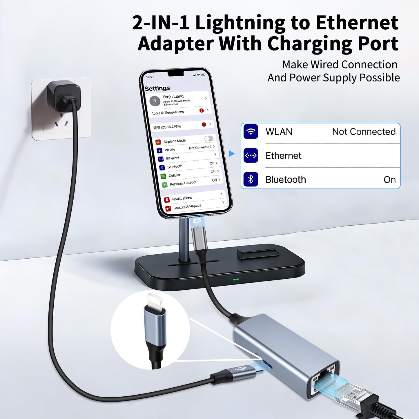 [MFi Certified] Lightning to Ethernet Adapter with Charging Port, 2-in-1 100Mbps Lightning to RJ45 Ethernet LAN Network Adapter, Compatible