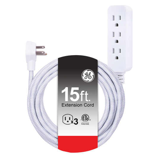 GE 3-Outlet Power Strip 15 Ft Braided Extension Cord with Multiple Outlets Grounded Flat Plug ETL Listed White 40530