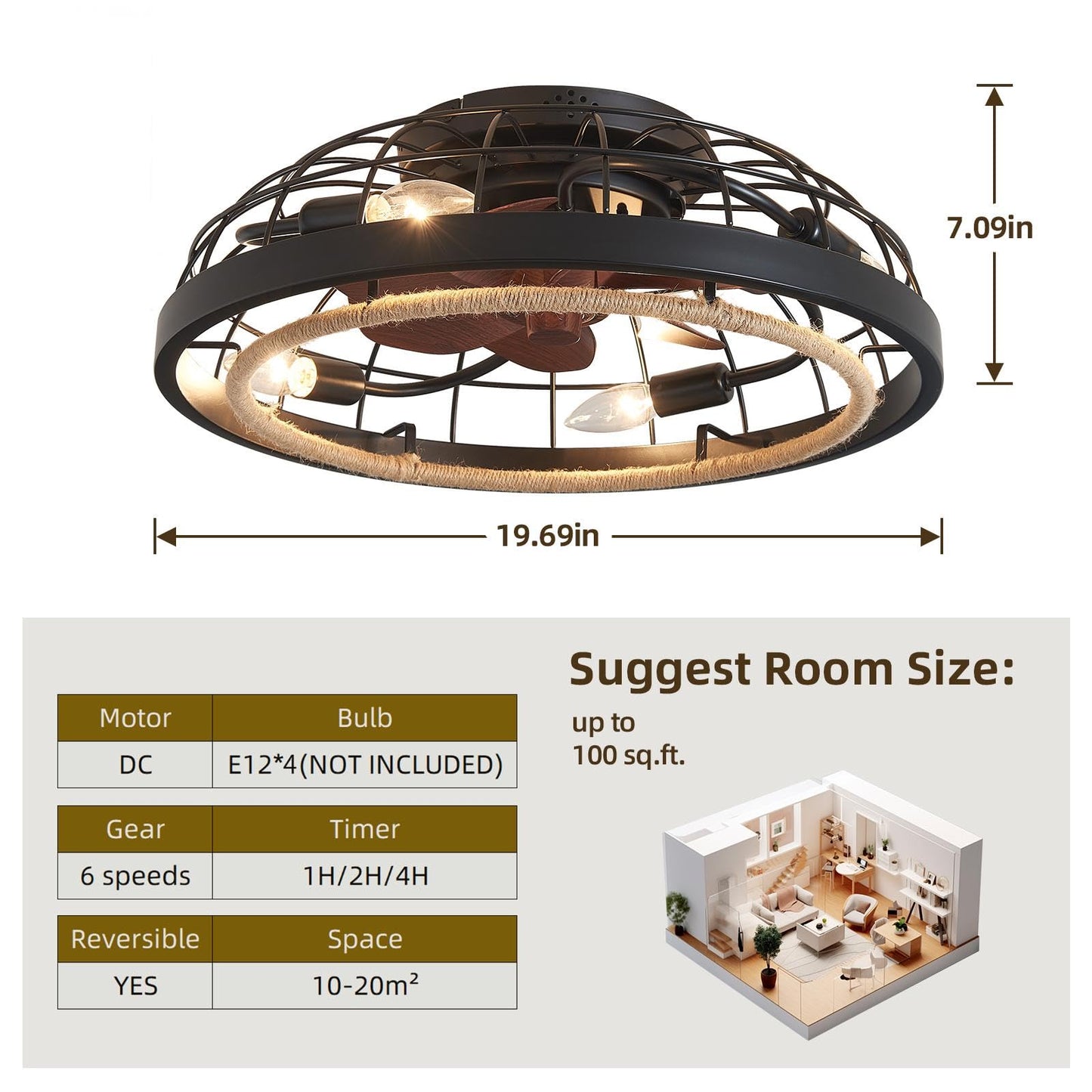 Merexcint 20" Rattan Ceiling Fan with Light and Remote, Black Ceiling Fan Rustic Flush Mount Bladeless Ceiling Fan Low Profile, Small Farmhouse Caged