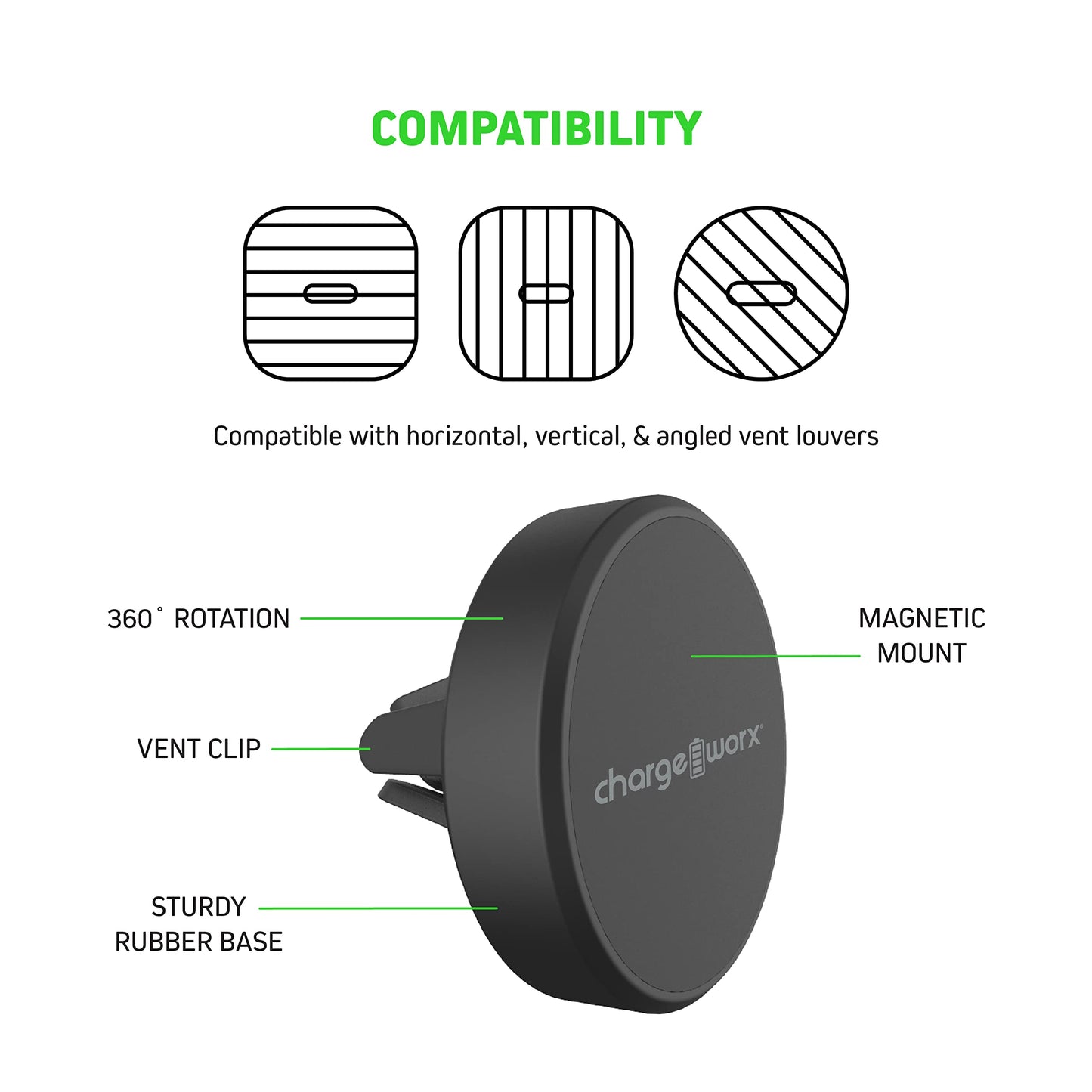 CHARGEWORX Magnetic Car Phone Mount for Air Vent, Universal Magnet Cell Phone Holder with 360° Rotation, Strong Magnetic Vent Mount for iPhone
