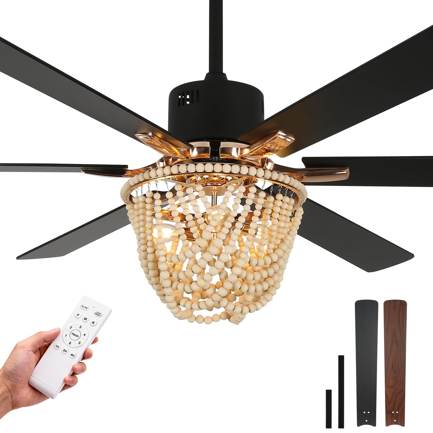 OYYPTDZM 65 Inch Ceiling Fan with Lights and Remote, Wooden Bead Fandelier