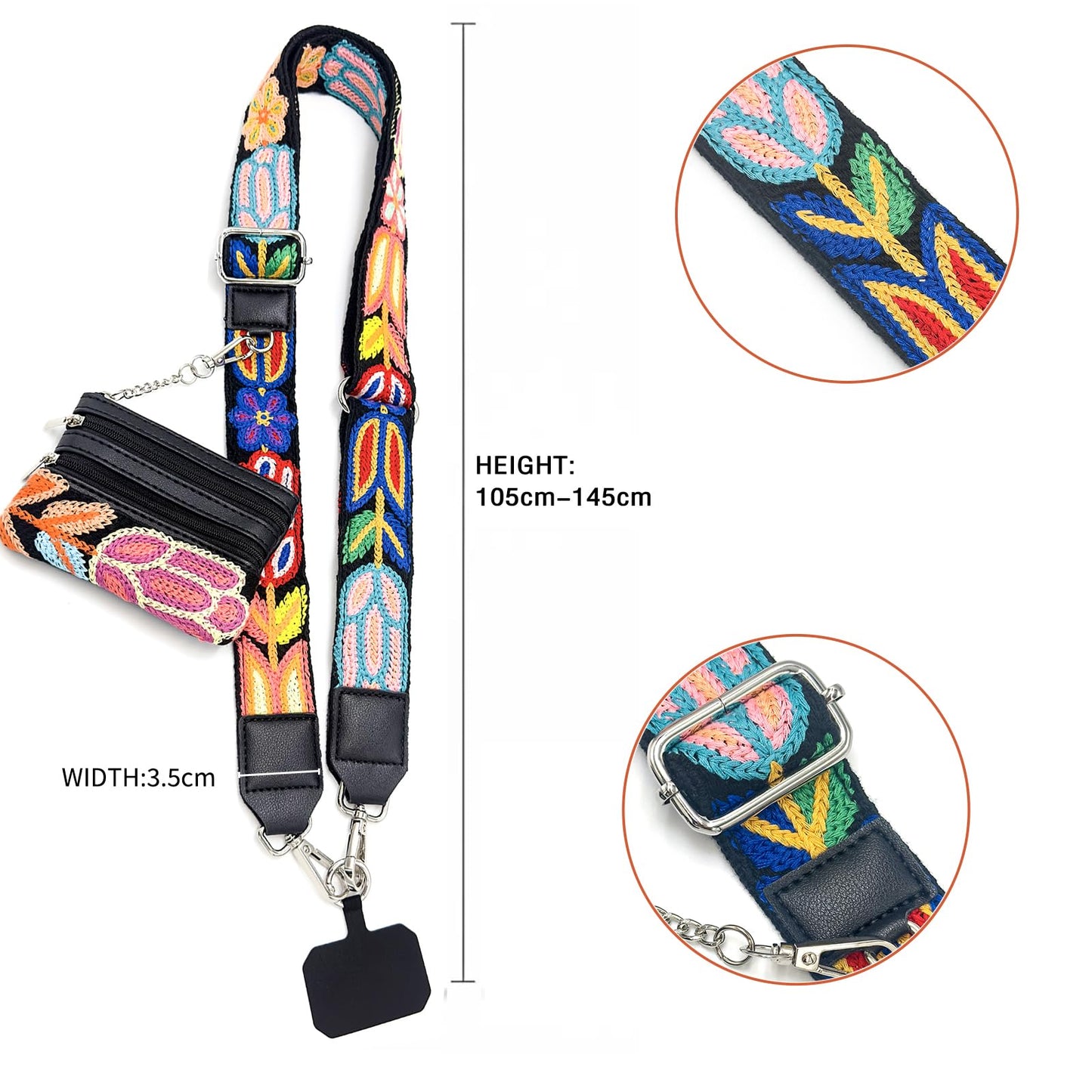 PowerDriver Clip and Go Strap for Phone with Wallet Crossbody,Cute Flower Embroidered Cellphone Lanyard for All Phones (Four Leaf Clover-Black) (Four