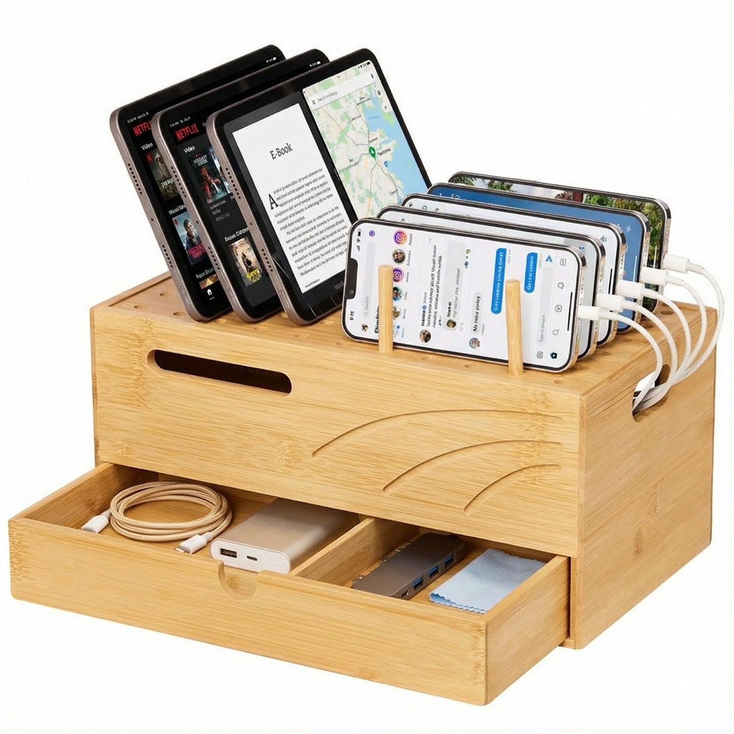 Homde Bamboo Charging Station Organizer: 2 Layer Charger Holder with Drawer for Office Home - Electronic Docking Stand for Multiple Devices, Tablets