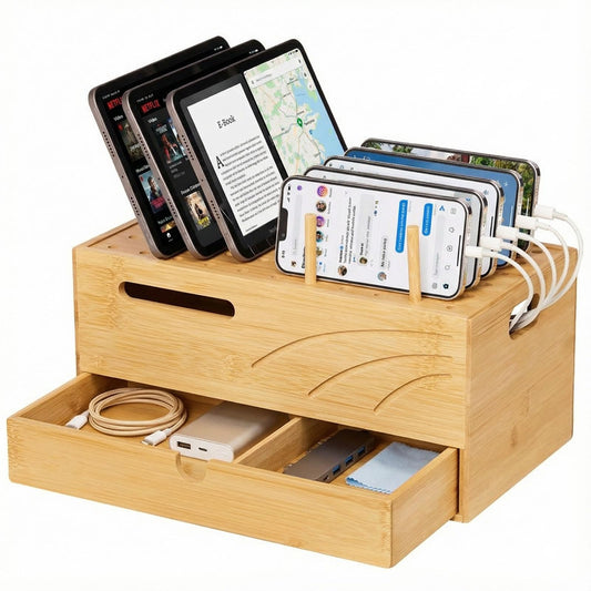 Homde Bamboo Charging Station Organizer: 2 Layer Charger Holder with Drawer for Office Home - Electronic Docking Stand for Multiple Devices, Tablets