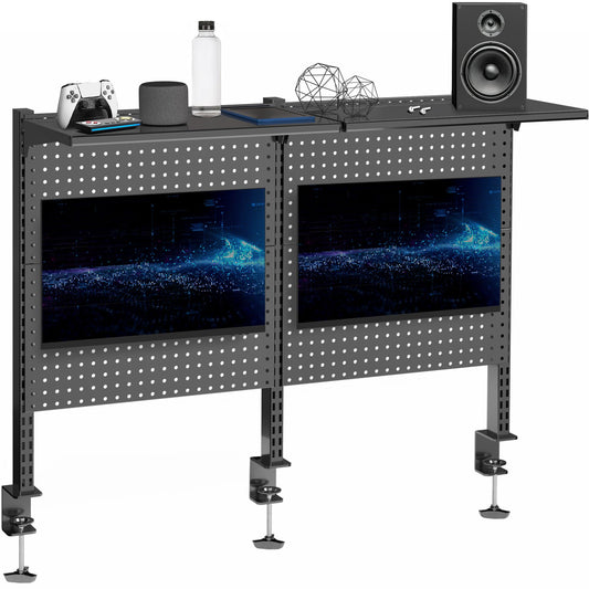 VIVO Steel Triple Clamp 47 x 31 inch Desk Pegboard System with 2 Monitor Mounts and Storage Shelf, Fits up to 32 inch Screens, Office Accessory
