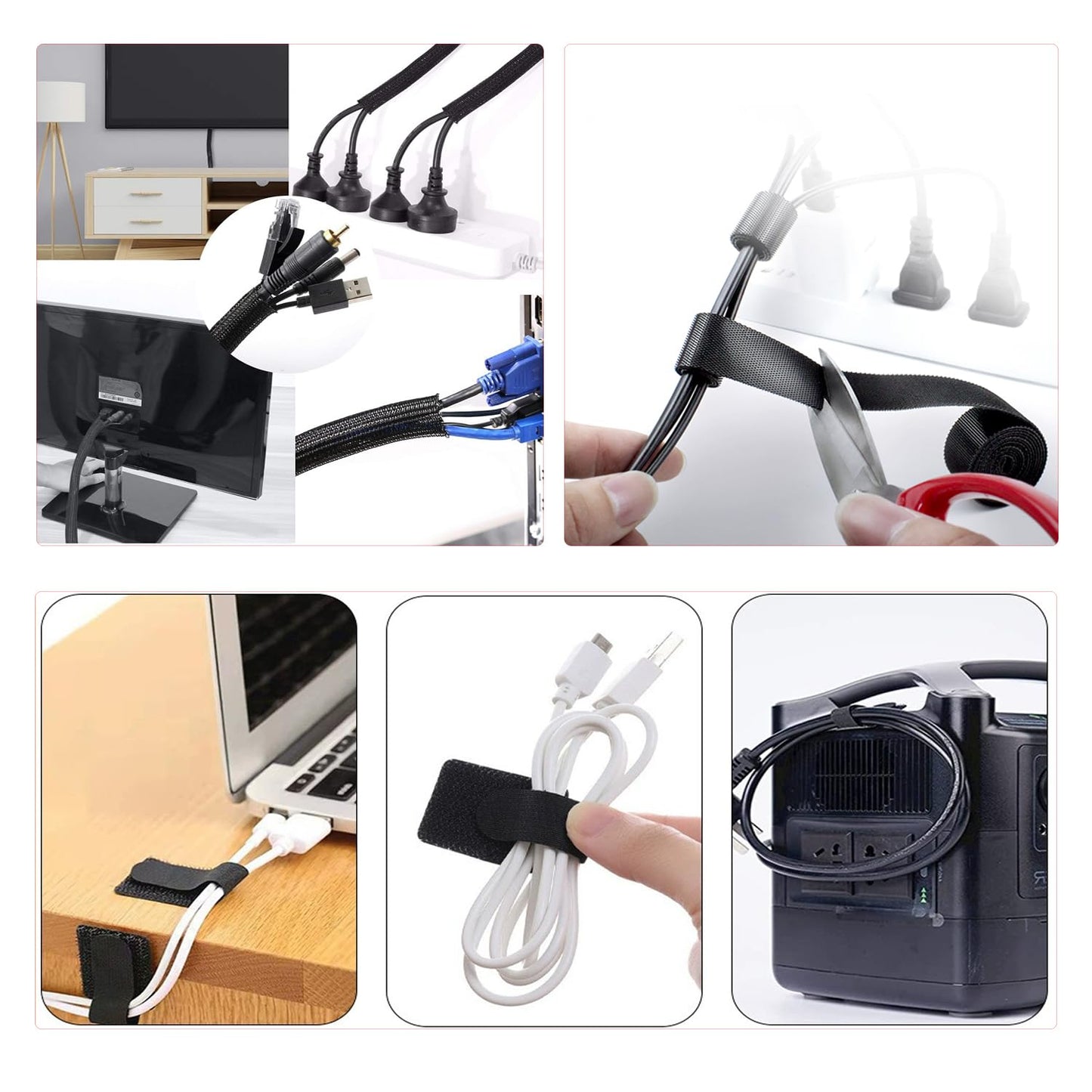 189PCS Cable Management Kit, 6 Cable Sleeve40 Cable Clips with 11Cord Holders, 2 Roll Self Tie, 10 Self Adhesive Cord Organizer, 100 Fastening Cable