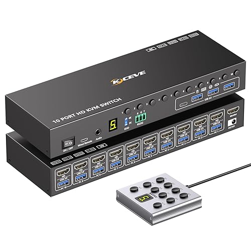 10 Ports HDMI KVM Switch 4K@60Hz EDID Simulation,USB 3.0 KVM Switch for 10 Computers Share 1 Monitor and 4 USB Devices, KVM Switches with Audio RS232