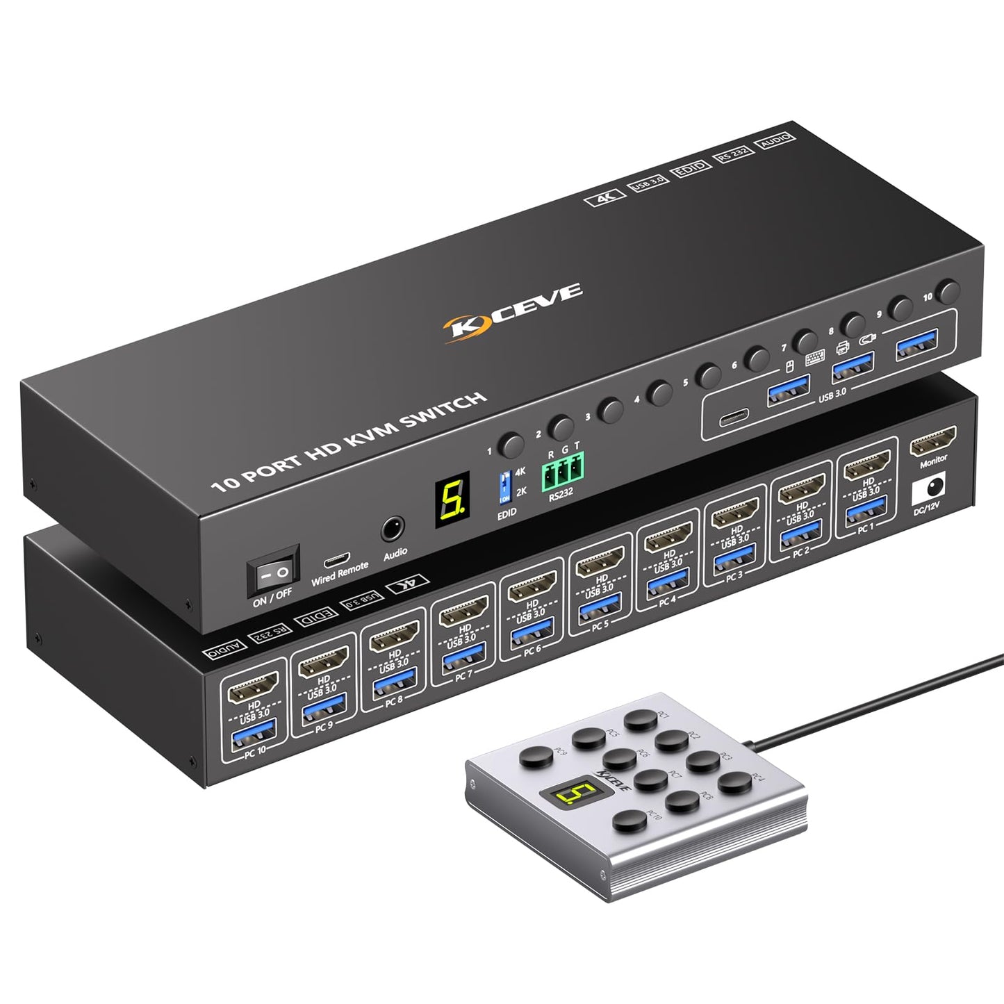 10 Ports HDMI KVM Switch 4K@60Hz EDID Simulation,USB 3.0 KVM Switch for 10 Computers Share 1 Monitor and 4 USB Devices, KVM Switches with Audio RS232