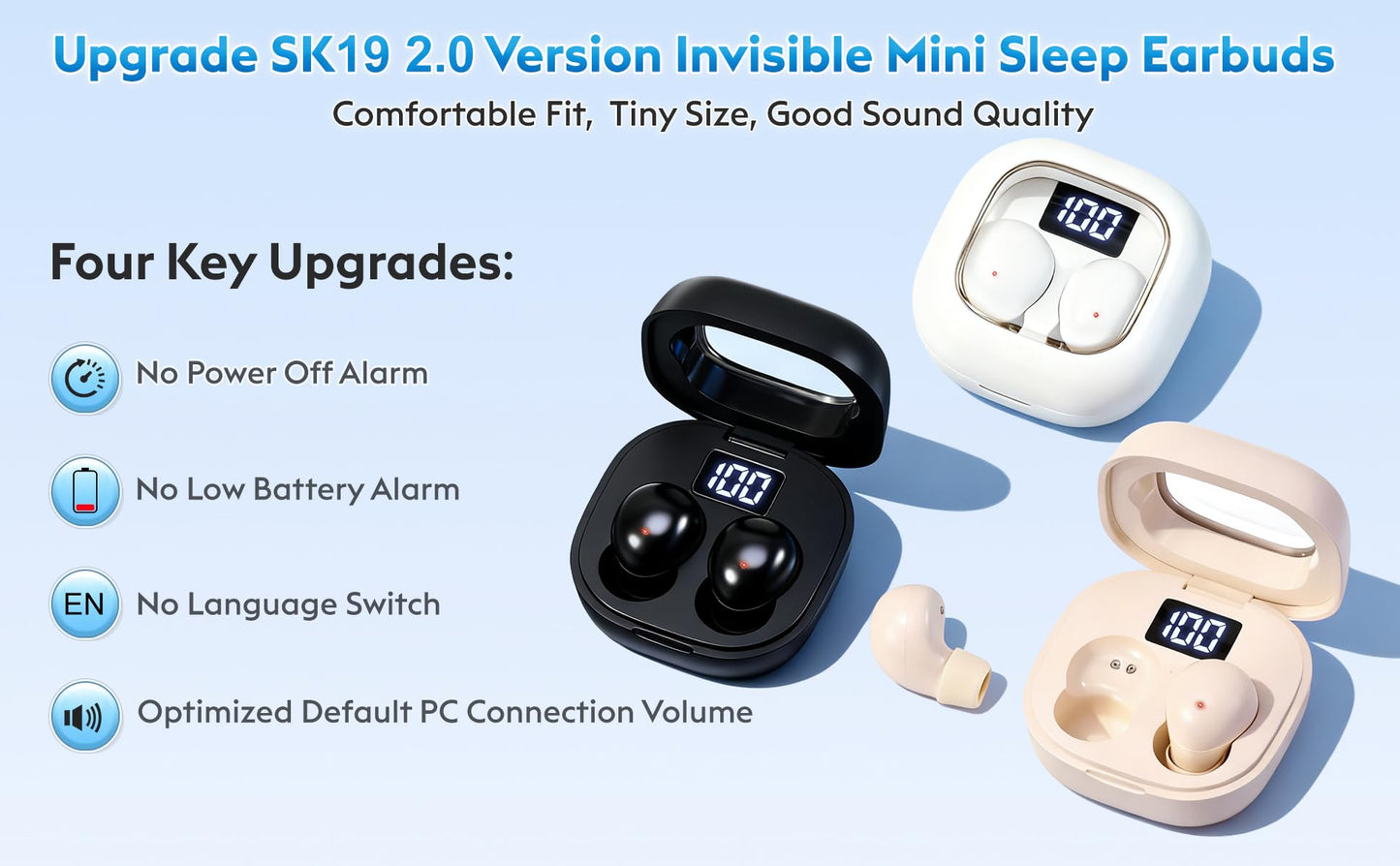 GreatQIQI Mini Sleep Earbuds for Side Sleepers, Comfortable Fit Ultra-Light Bluetooth 5.4 Invisible Sleep Headphones, LED Display Portable Case Small